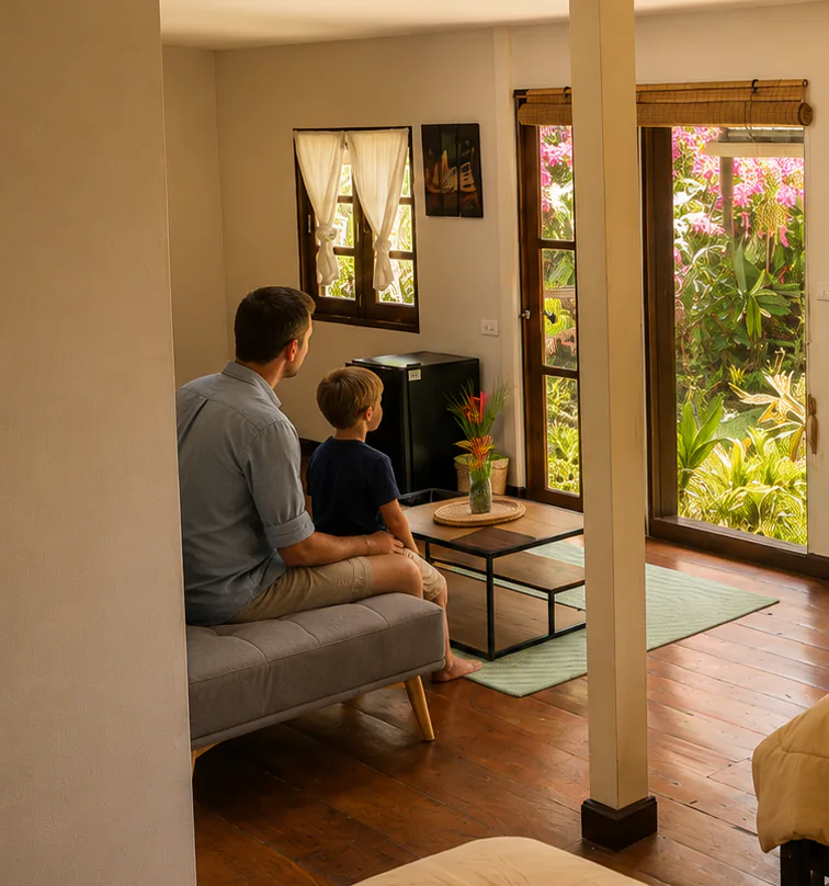 ผู้เข้าพักมองผ่านหน้าต่างพาโนรามาของวิลลากลางสวนที่ Vanara Retreat
